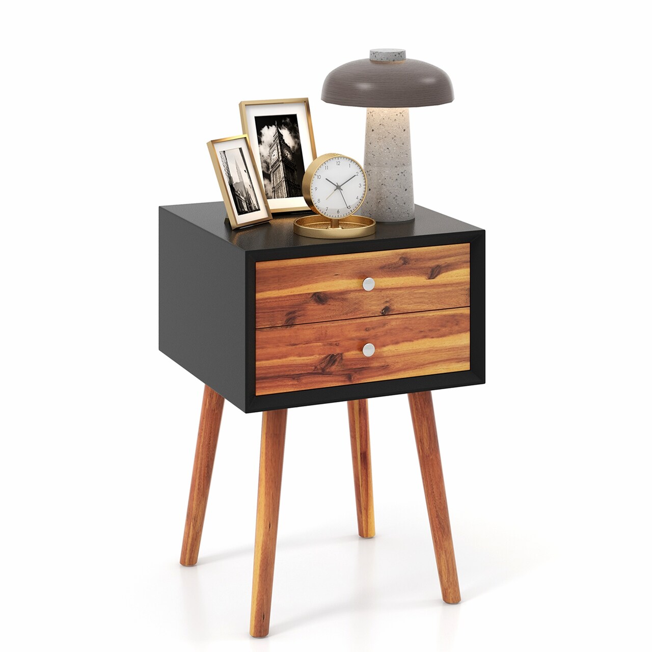 Costway End Table W/Drawers and Storage Wooden Mid-Century Accent Side Table Multipurpose for Bedroom, Living Room Home Furniture Nightstand